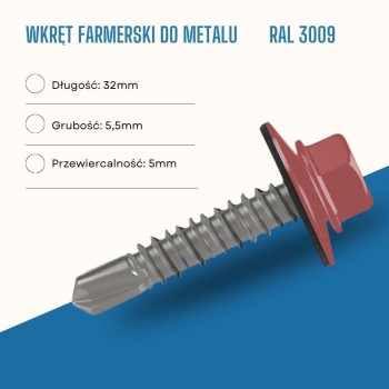 Wkręt farmerski do metalu 5,5X32 mm przewiercalność 5 mm w kolorze RAL 3009